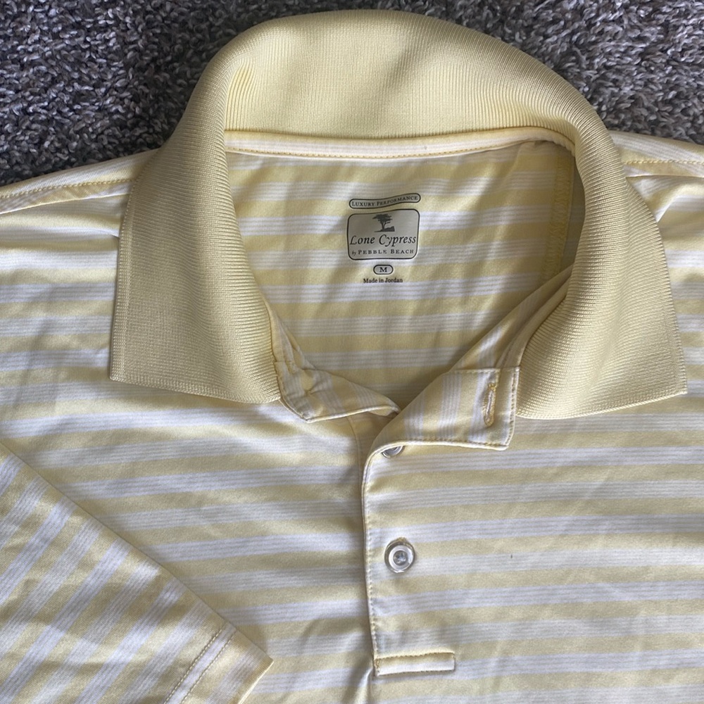 Lone Cypress by Pebble Beach Yellow Striped Golf Short Sleeve Polo Shirt, M